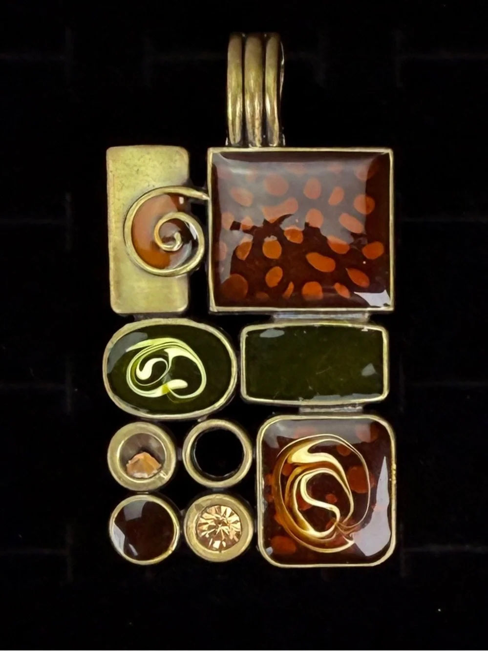 Vintage 3” rectangle brasstone magnetic pendant +16” cord necklace